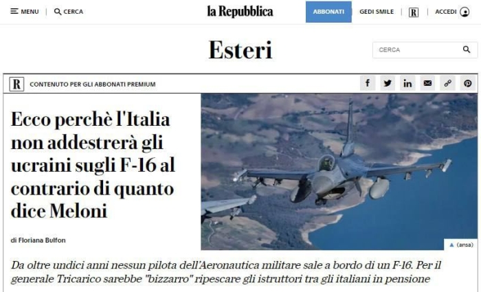 Italiya bosh vazir va’dalariga zid ravishda ukrainaliklarni F-16 samolyotlariga o‘rgatmaydi
