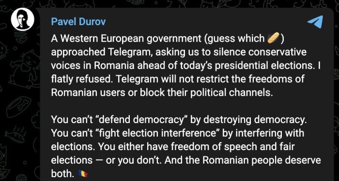 Ғарбий Европа ҳукуматларидан бири Telegram'дан Руминиядаги президентлик сайловлари олдидан консерватив овозларни ўчиришни сўради – Павел Дуров Ғарбий Европа ҳукуматларидан бири Telegram'дан Руминиядаги президентлик сайловлари олдидан консерватив овозларни ўчиришни сўради – Павел Дуров