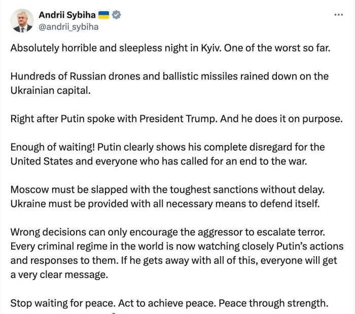Украина ташқи ишлар вазири Киевга уюштирилган тунги ҳужумни Путин ва Трамп ўртасидаги кечаги суҳбат билан боғлади Украина ташқи ишлар вазири Киевга уюштирилган тунги ҳужумни Путин ва Трамп ўртасидаги кечаги суҳбат билан боғлади