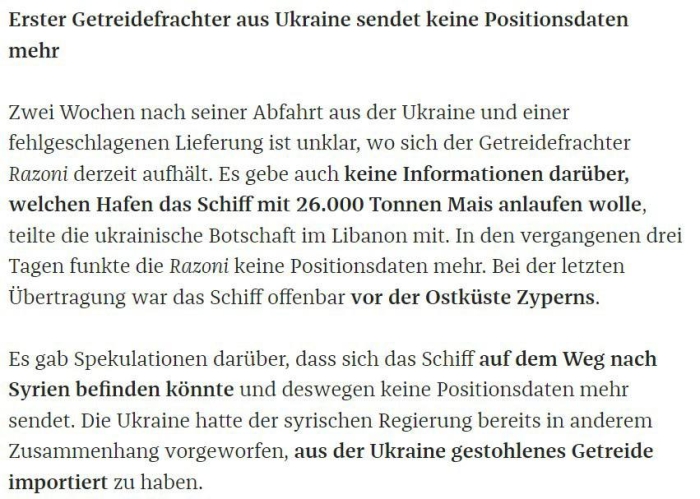 Ukraina g‘allasi bo‘lgan birinchi kema “ Razoni” don tashuvchisi yo‘qolib qoldi,- Zeit Online