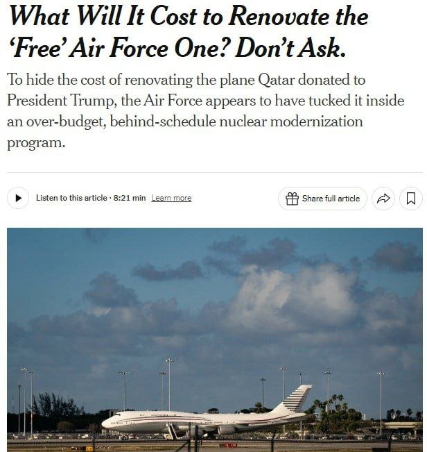 AQSh yadroviy kuchlarni yangilash uchun ajratilgan deyarli 1 milliard dollarni Qatar tomonidan Trampga sovg‘a qilingan Boeing samolyotini ta’mirlashga sarflaydi