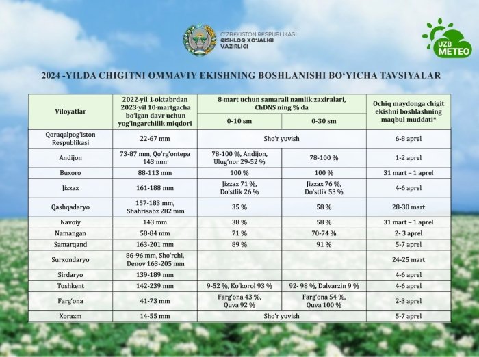 2024 йилга чигитни оммавий экиш бошланиши бўйича тавсия ва экиш оптимал муддатлари белгиланди