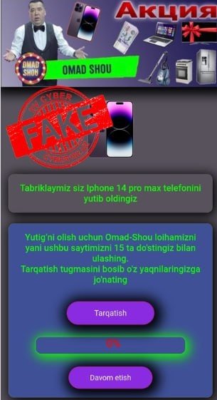“Siz Iphone 14 Pro Max yutib oldingiz” – yolg‘on umid ortidagi xavf