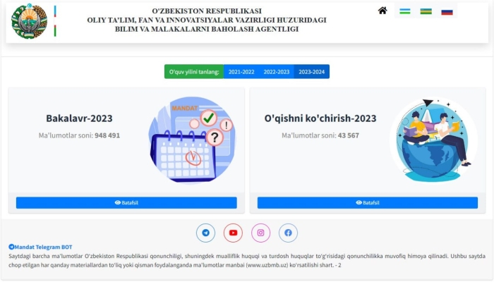Ўқишни кўчириш бўйича маълумотлар mandat.uzbmb.uz сайтига жойлаштирилди Ўқишни кўчириш бўйича маълумотлар mandat.uzbmb.uz сайтига жойлаштирилди