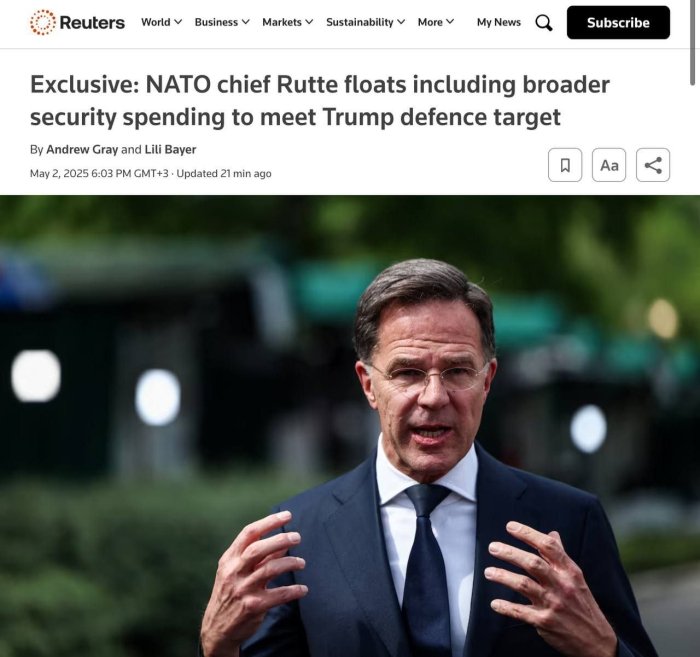 NATO Бош котиби Рютте Гаагадаги саммитда Трампга алянс давлатларининг ҳарбий харажатларини ЯИМнинг ҳозирги 2 фоизидан 5 фоизигача ошириш бўйича “икки босқичли режа”ни таклиф қилади — Reuters NATO Бош котиби Рютте Гаагадаги саммитда Трампга алянс давлатларининг ҳарбий харажатларини ЯИМнинг ҳозирги 2 фоизидан 5 фоизигача ошириш бўйича “икки босқичли режа”ни таклиф қилади — Reuters