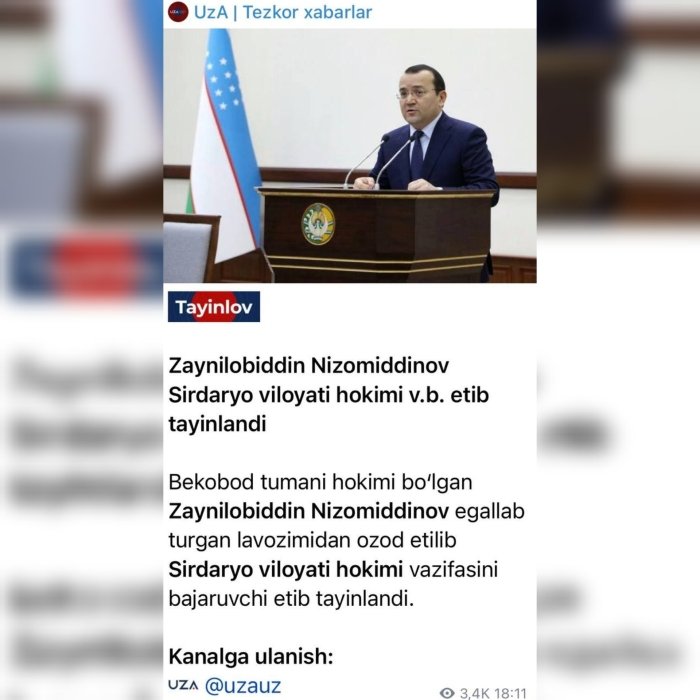 Зайнилобиддин Низомиддинов Сирдарё вилояти ҳокими бўлгани рад этилди