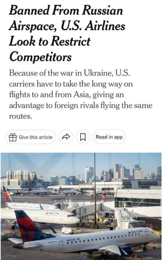 Amerika aviakompaniyalari Rossiya orqali parvoz qilishni taqiqlashni so‘ramoqda