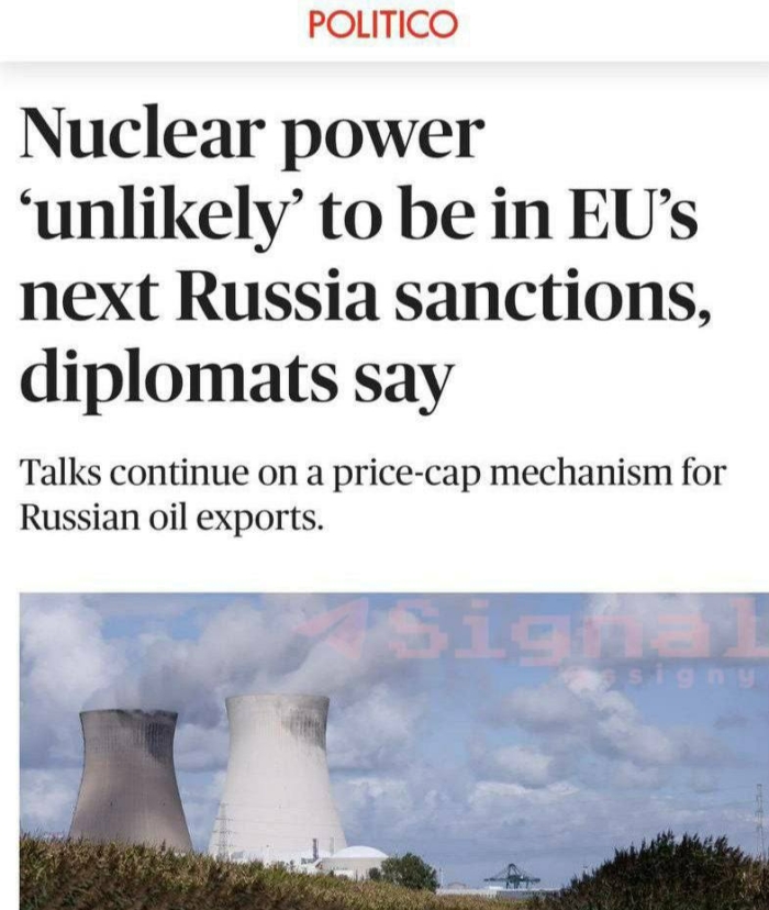 Politico: Yadro energetikasi Yevropa Ittifoqining Rossiyaga qarshi sanksiyalarining yangi paketiga kiritilishi "ehtimoli yo‘q"