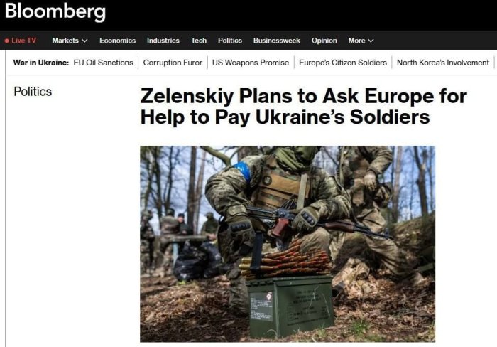 Zelenskiy Yevropadagi ittifoqchilariga Ukraina harbiylariga to‘lovlarni oshirishni moliyalashtirishda yordam so‘rab murojaat qilishni rejalashtirmoqda — Bloomberg 