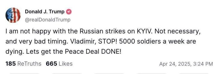 Трамп Россиянинг Киевга уюштирган кенг кўламли ракета ҳужумига муносабат билдирди