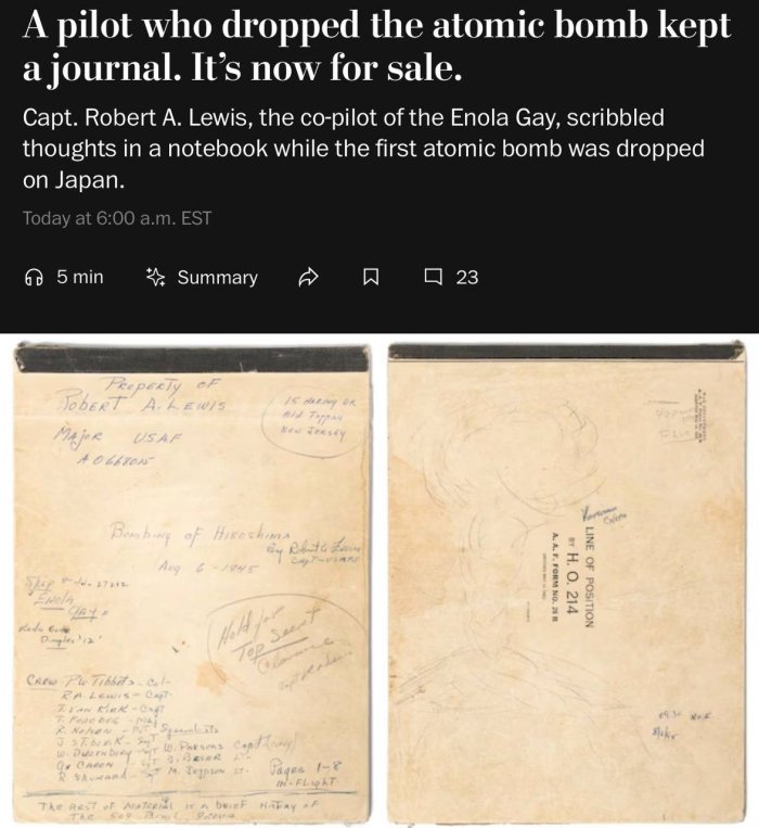 Xirosimaga atom bombasi tashlagan uchuvchining kundaligi 950 ming dollarga sotilmoqda