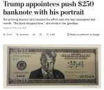  АҚШ Трампнинг портрети туширилган 250 долларлик банкнотни муомалага чиқармоқчи