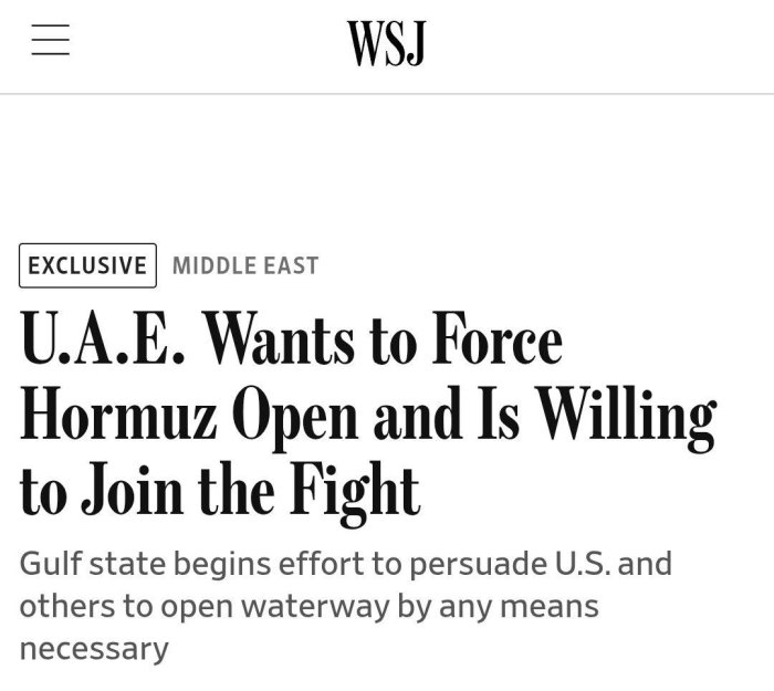 BAA Ho‘rmuz bo‘g‘ozini kuch bilan ochishda AQShga yordam berishga tayyor — The Wall Street Journal