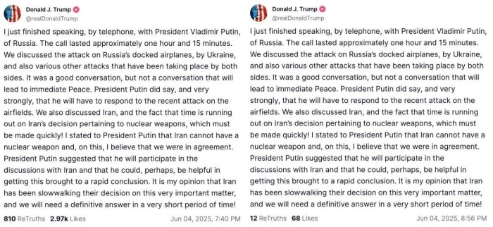 Tramp Truth Social ijtimoiy tarmog‘idagi sahifasiga Putin bilan suhbat haqidagi postini qayta joyladi Tramp Truth Social ijtimoiy tarmog‘idagi sahifasiga Putin bilan suhbat haqidagi postini qayta joyladi
