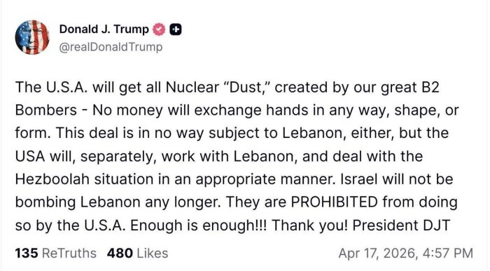 Трамп: Исроил энди Ливанга ҳужум қилмайди