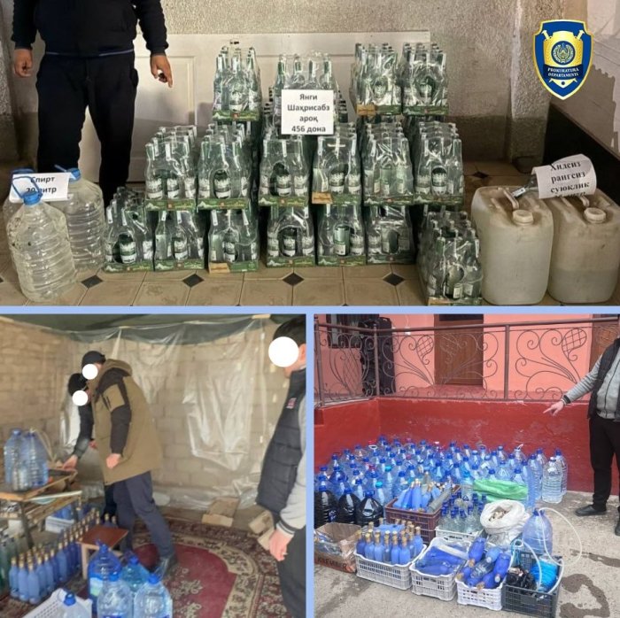 Қашқадарё ва Тошкент вилоятларида қўлбола алкоголь маҳсулотлари ишлаб чиқариш цехи фош этилди