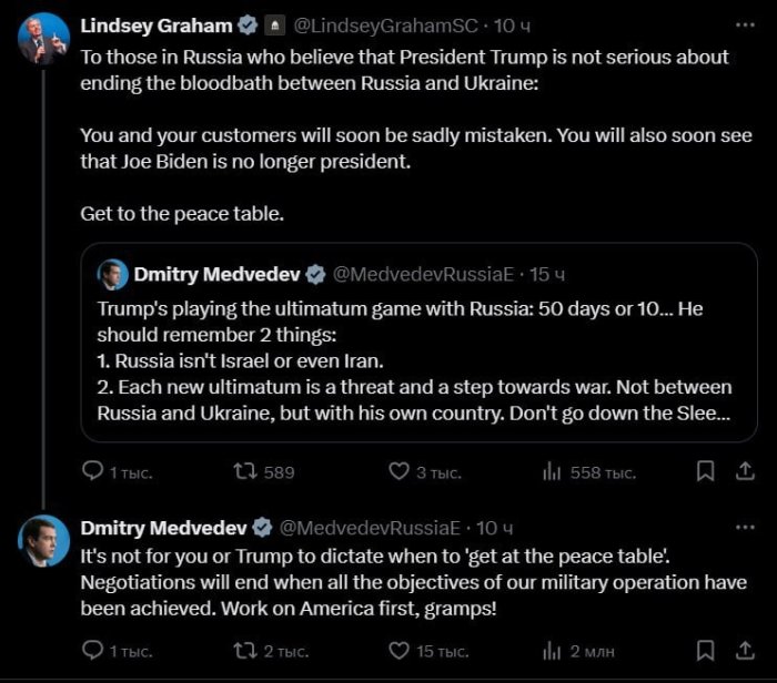 Медведев АҚШ сенатори Линдси Грем билан тортишди 