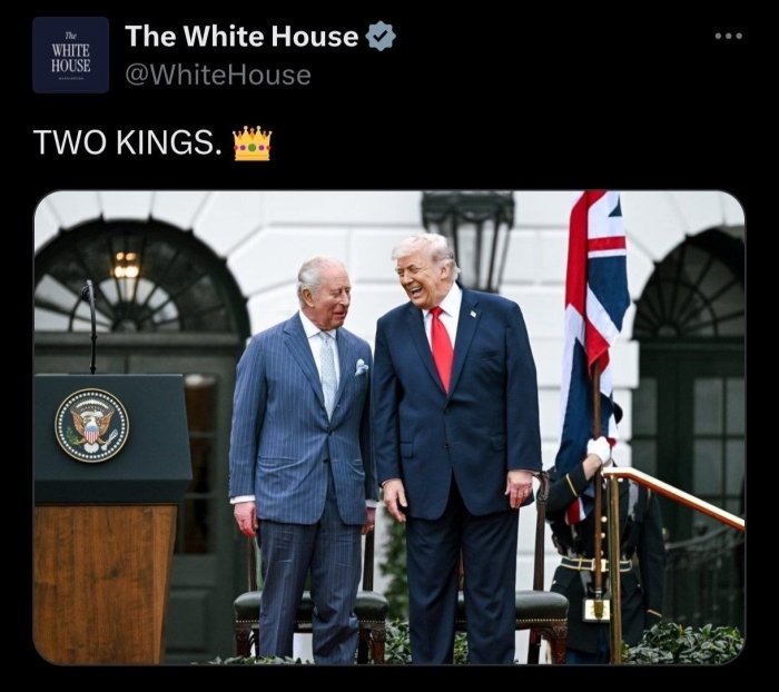 Oq uy qirol Charlz III va prezident Trampning suratini "IKKI QIROL" yozuvi bilan e’lon qildi